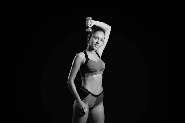 Black White Portrait Beautiful Sporty Young Woman Dumbbell Dark Background — Fotografia de Stock