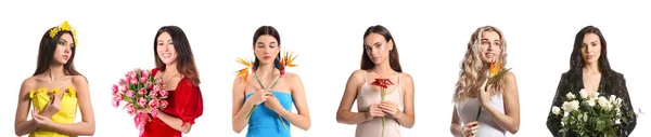 Set Van Mooie Vrouwen Met Mooie Bloemen Geïsoleerd Wit — Stockfoto