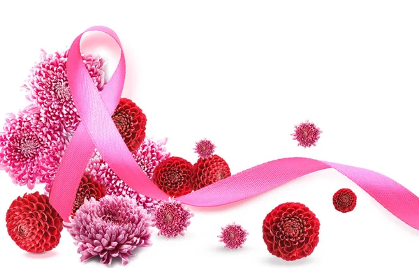 Pink Ribbon Flowers White Background Breast Cancer Awareness — Foto Stock
