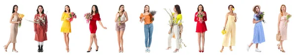 Set Pretty Women Beautiful Flowers Isolated White — Stockfoto