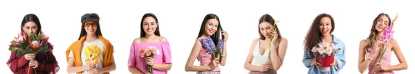 Uppsättning Vackra Kvinnor Med Vackra Blommor Isolerade Vitt — Stockfoto