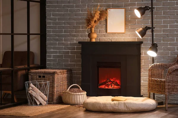 Interior Modern Living Room Black Fireplace Brick Wall — ストック写真
