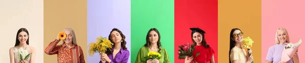 Conjunto Mulheres Bonitas Com Flores Bonitas Fundo Colorido — Fotografia de Stock
