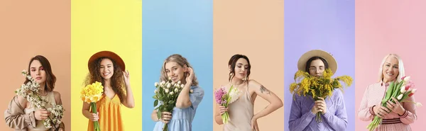 Set Pretty Women Beautiful Flowers Colorful Background — Fotografia de Stock
