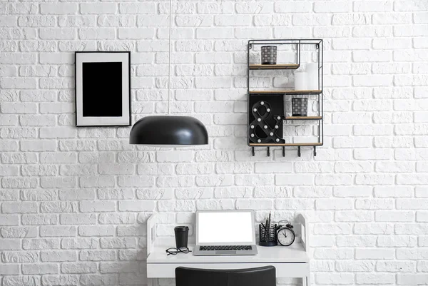Workplace Modern Laptop White Brick Wall — Stock Photo, Image