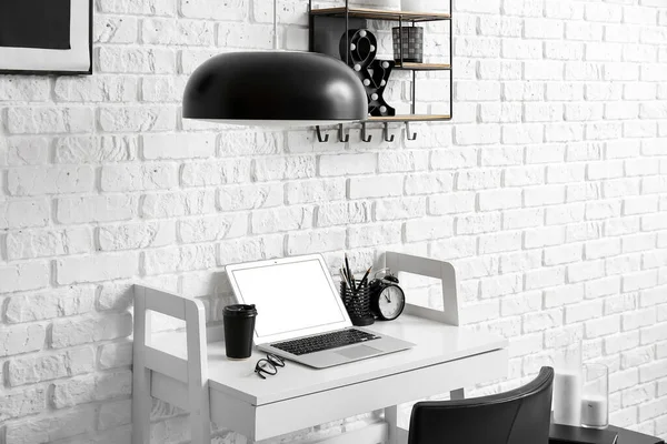 Workplace Modern Laptop Paper Cup Coffee White Brick Wall — Stock Photo, Image