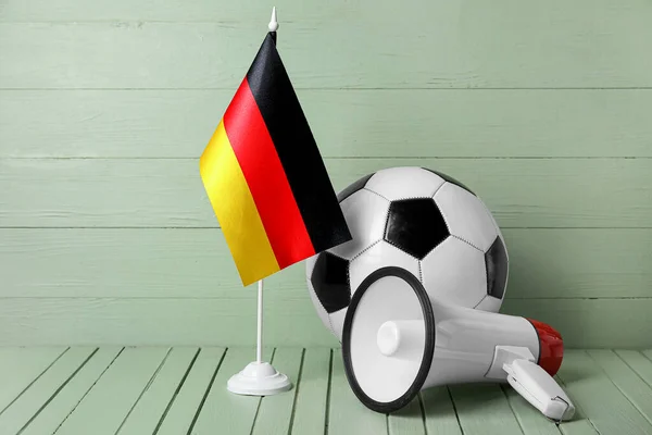 Soccer Ball Bullhorn Flag Germany Color Wooden Background — Stock Photo, Image