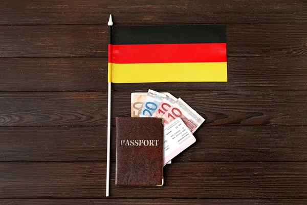 Flag Germany Passport Money Dark Wooden Background — Stockfoto