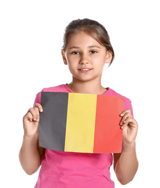 Liten Flicka Med Flagga Belgien Vit Bakgrund — Stockfoto