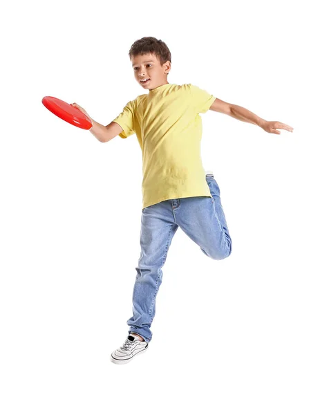 Zabawny Chłopiec Gra Frisbee Białym Tle — Zdjęcie stockowe