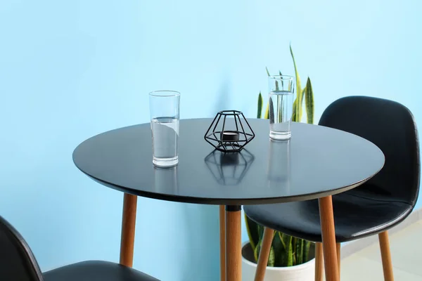 Glasses Water Candle Table Color Wall — 스톡 사진