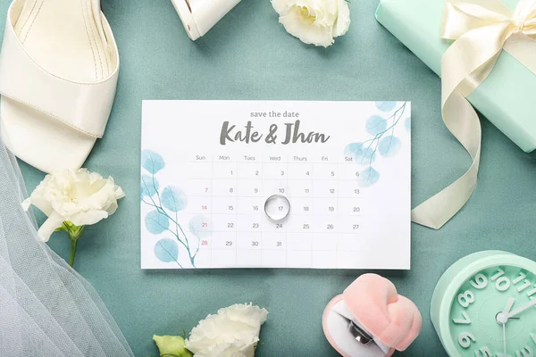 Wedding Calendar Ring Bridal Accessories Color Background — Fotografia de Stock