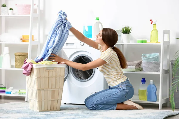 Beautiful Woman Dirty Laundry Washing Machine Home — Stock Photo, Image