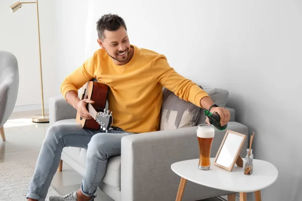 Handsome Man Drinking Beer Playing Guitar Home — Stock Photo, Image