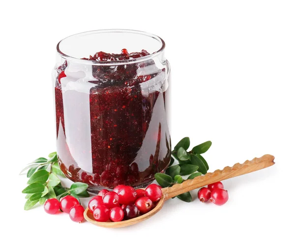 Jar Tasty Lingonberry Jam Fresh Berries White Background — Stock Photo, Image