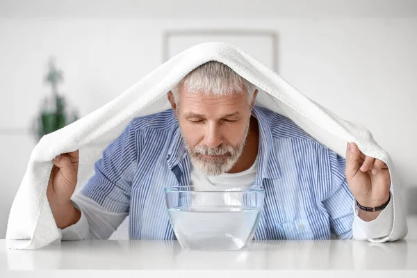 Mature Man Towel Doing Steam Inhalation Home — Stock Photo, Image