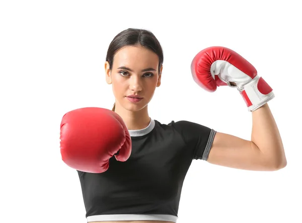 Jeune Femme Avec Des Gants Boxe Sur Fond Blanc Concept — Photo