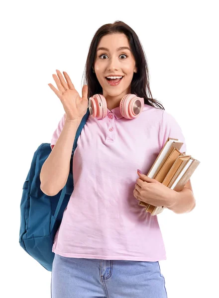 Portrait Excited Female Student Books White Background — Photo