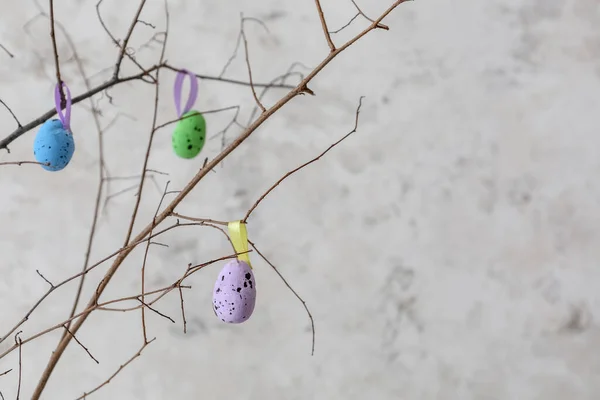 Tree Branches Colorful Easter Eggs Light Wall Closeup — Stockfoto