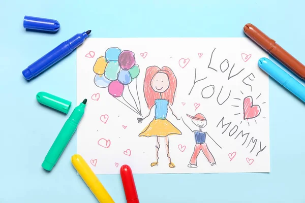 Picture Text Love You Mommy Felt Tip Pens Blue Background — Stockfoto