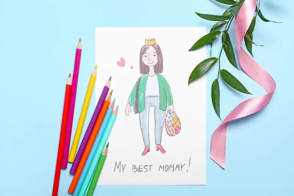 Bild Mit Text Best Mommy Bleistifte Pflanzenzweig Und Band Auf — Stockfoto