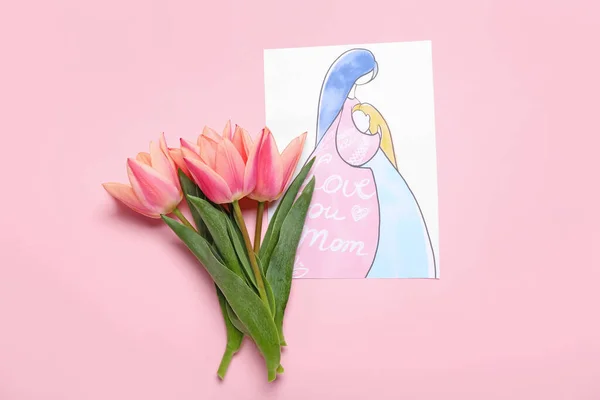 Picture Text Love You Mom Tulips Pink Background — Stock Fotó