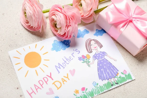 Bild Med Texten Happy Mother Day Blommor Och Presentförpackning Ljus — Stockfoto