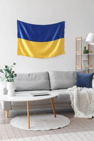 Interior Light Living Room Hanging Ukrainian Flag Sofa Table — стоковое фото