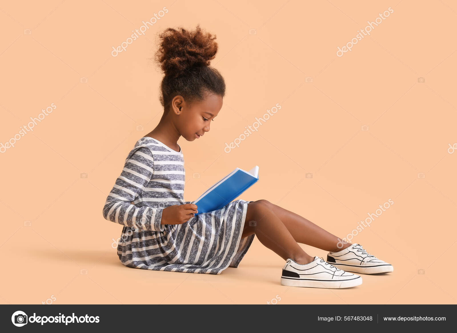 Little African American Girl Reading Book Beige Background Stock Photo ...