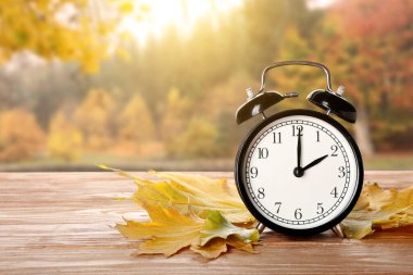 Alarm clock and autumn leaves on table outdoors