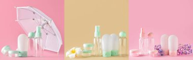 Renkli arka planda boş seyahat şişeleri, kavanozlar ve şemsiye seti