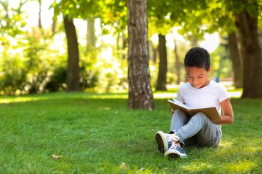 Küçük Afro-Amerikalı çocuk parkta çim üzerine kitap okuyor.