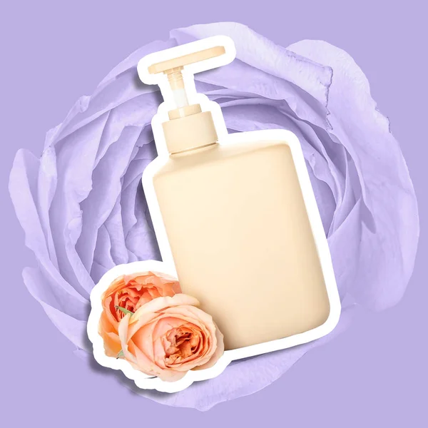 Bottle Natural Shampoo Rose Flowers Color Background — Fotografia de Stock