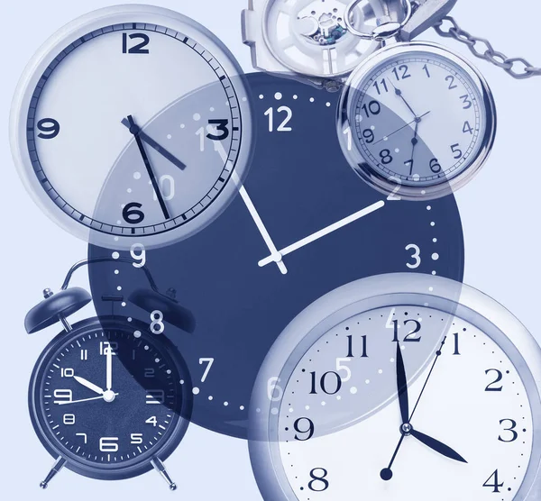 Collage Many Different Clocks Light Background —  Fotos de Stock