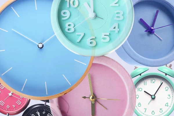 Collage Many Different Clocks — Fotografia de Stock