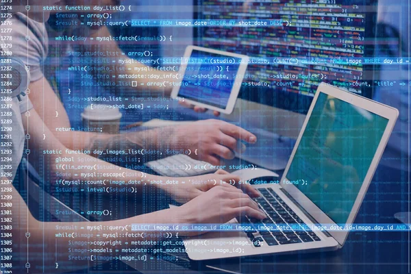 Double Exposure Programmers Office Computer Code — Stock Photo, Image