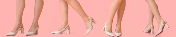 Set Gambe Femminili Scarpe Alla Moda Sfondo Rosa — Foto Stock