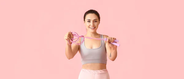 Sporty Young Woman Holding Skipping Rope Pink Background — Foto de Stock