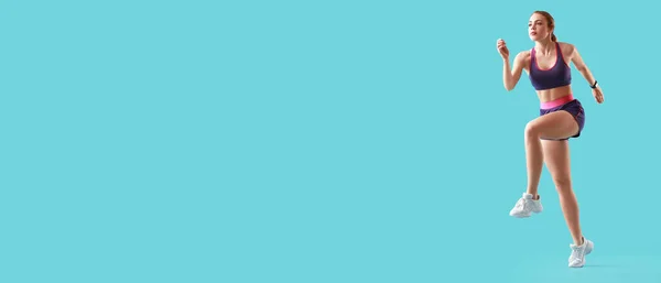 Sporty Running Woman Light Blue Background Space Text — Zdjęcie stockowe