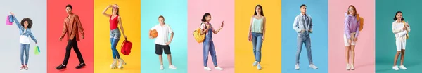 Set Von Stilvollen Jugendlichen Auf Farbigem Hintergrund — Stockfoto