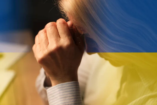 Double Exposure Praying Mature Woman Ukrainian Flag — Stock fotografie