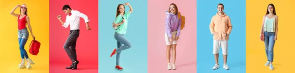 Set Von Stilvollen Jugendlichen Auf Farbigem Hintergrund — Stockfoto