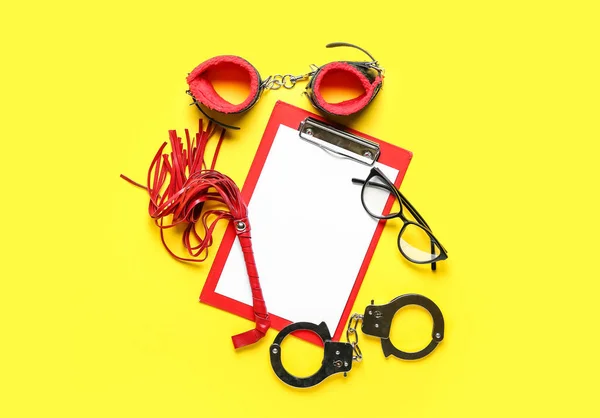Clipboard Eyeglasses Sex Toys Yellow Background — Fotografia de Stock