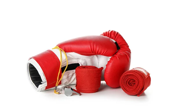 Boxing Gloves Whistle Bandage White Background — Foto de Stock