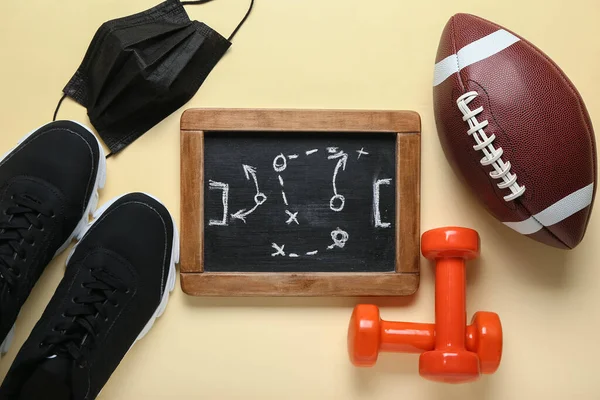 Chalkboard Com Esquema Desenhado Jogo Rugby Bola Halteres Sapatos Máscara — Fotografia de Stock