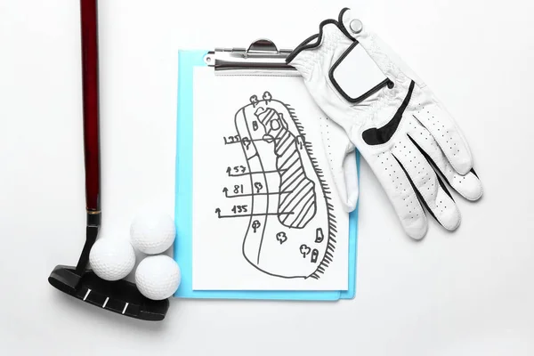 Clipboard Drawn Golf Field Club Balls Glove White Background — Stockfoto