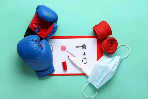 Clipboard Drawn Scheme Boxing Game Gloves Bandage Medical Mask Blue — Foto de Stock