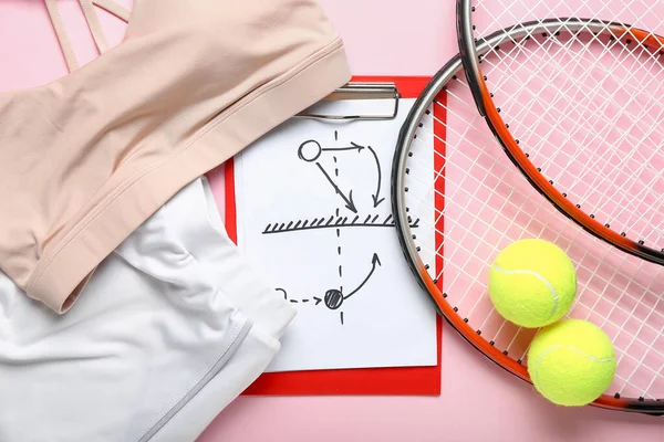 Clipboard Drawn Scheme Tennis Game Rackets Balls Sportswear Pink Background — Photo