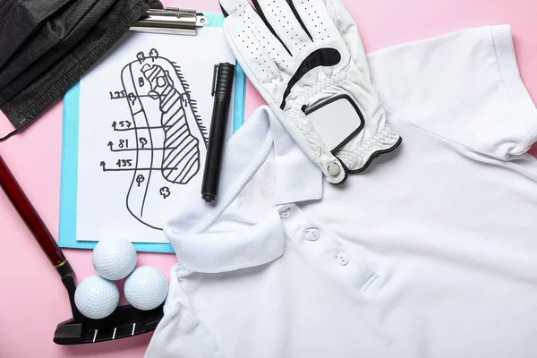Clipboard Drawn Scheme Golf Field Supplies Pink Background — Foto Stock