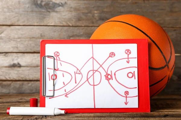 Clipboard Drawn Scheme Basketball Game Marker Dark Wooden Background —  Fotos de Stock